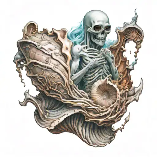 pale ghost coming out of sea shell cyberpunk tattoo design idea