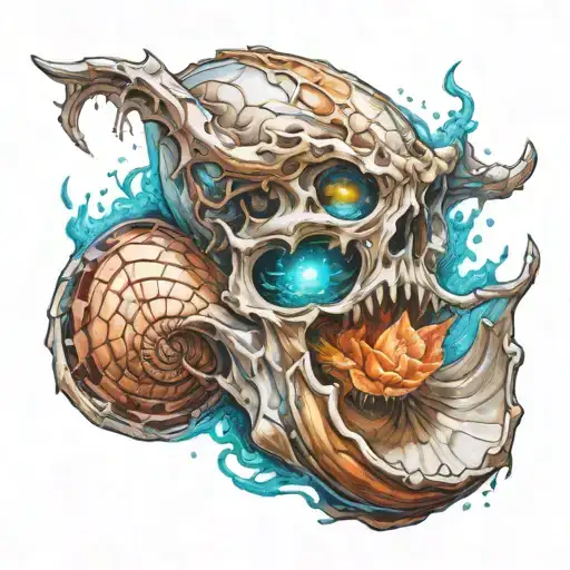 horned ghost coming out of sea shell cyberpunk tattoo design idea