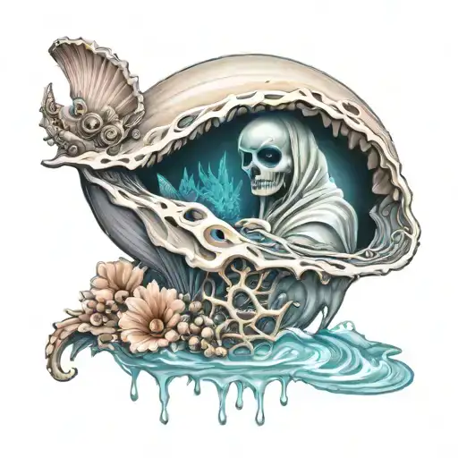pale ghost coming out of sea shell cyberpunk tattoo design idea