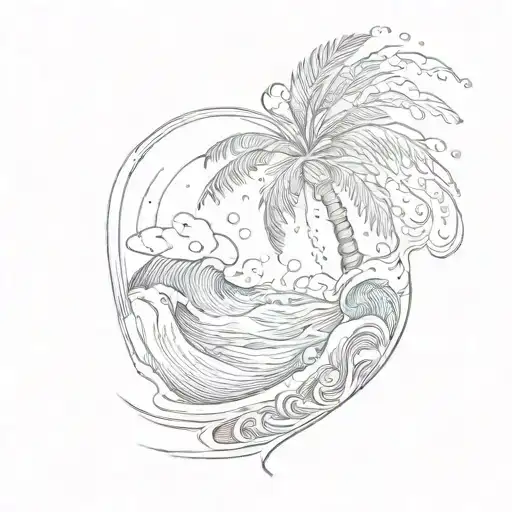 A sketch of an ocean wave forming the shape of a palm tree tattoo design idea