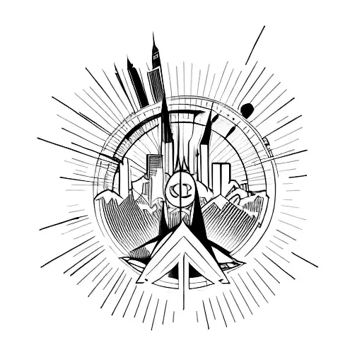 A minimalist tattoo of a stylized skyline of Gotham city with a hidden Batman symbol tattoo design idea