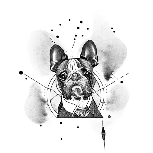 A blackwork tattoo of a dog DJ mixing music in front of the Eiffel Tower tattoo design idea