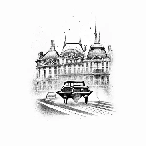 A dotwork tattoo of a vintage car speeding through the streets of Paris tattoo design idea