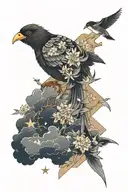 birds and clouds and four point stars forming tattoo design idea