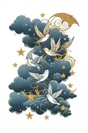 birds and clouds and four point stars forming tattoo design idea