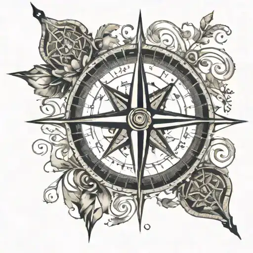 A dotwork tattoo of a compass rose with musical notes as the directional markers, representing the client's passion for travel and music tattoo design idea