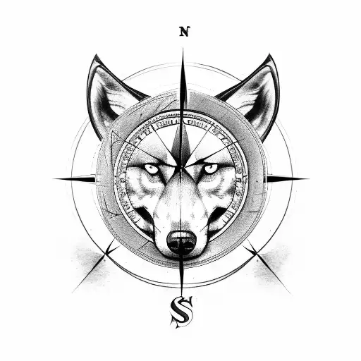 A compass rose intertwined with a wolf tattoo design idea