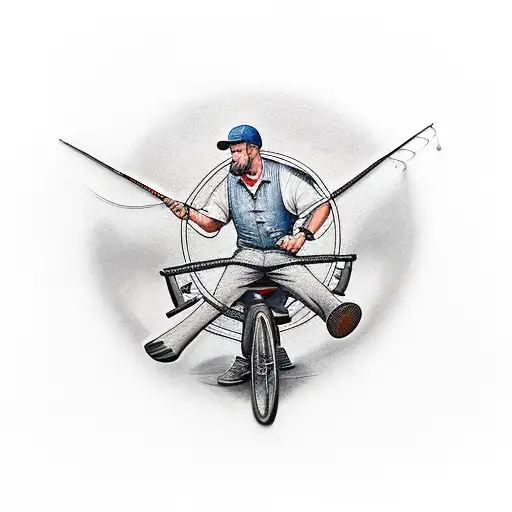 A realistic tattoo of a fisherman riding a bicycle through a countryside landscape tattoo design idea