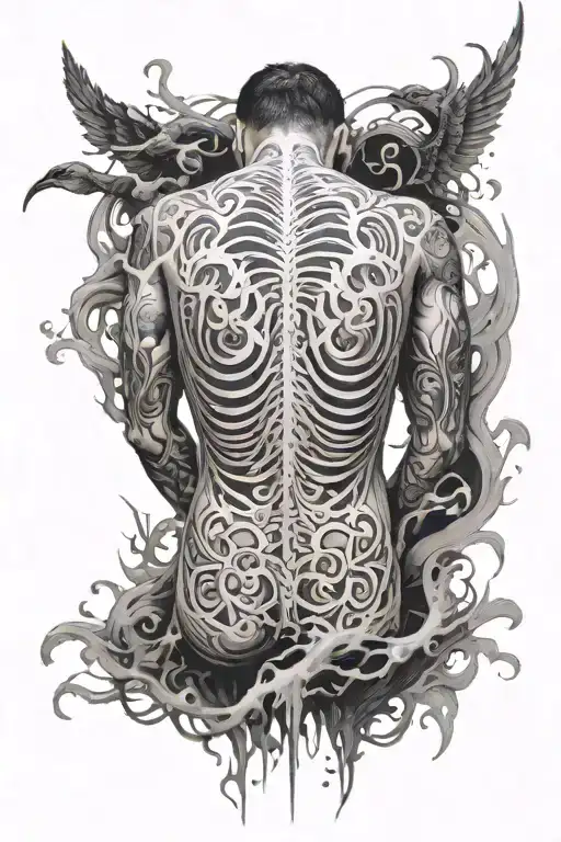 a back tattoo in black and white that represents pain and trauma, surrounded by strokes of smoke tattoo design idea