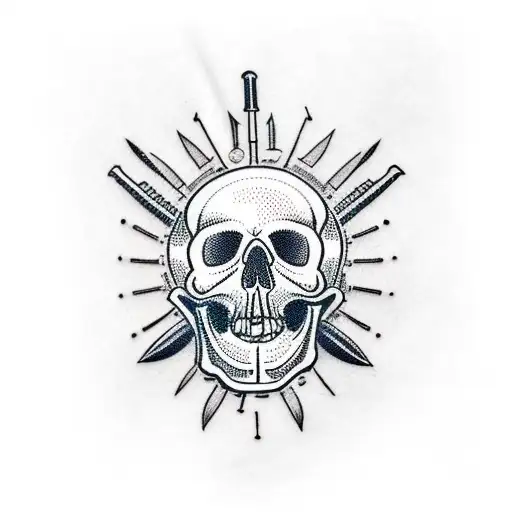 A dotwork tattoo of a skull with a tactical knife embedded in its forehead, surrounded by bullet casings tattoo design idea