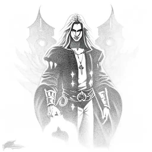 character Alucard with the castle from the Castlevania game to the castle smaller than Alucard just below him tattoo design idea
