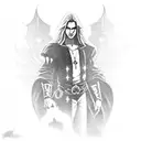 character Alucard with the castle from the Castlevania game to the castle smaller than Alucard just below him tattoo design idea