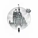 character Alucard with the castle from the Castlevania game to the castle smaller than Alucard just below him tattoo design idea