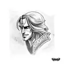 character Alucard with the castle from the Castlevania game to the castle smaller than Alucard just below him tattoo design idea