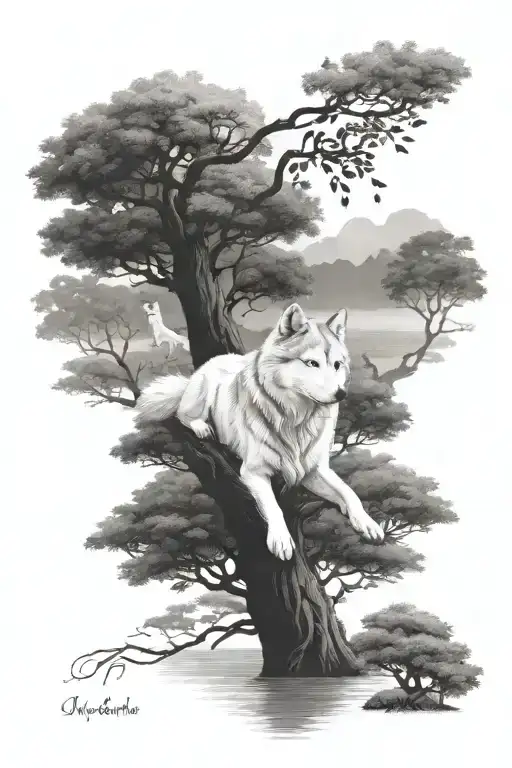 white long hair husky, grown oak trees and  baby girl swimming tattoo design idea