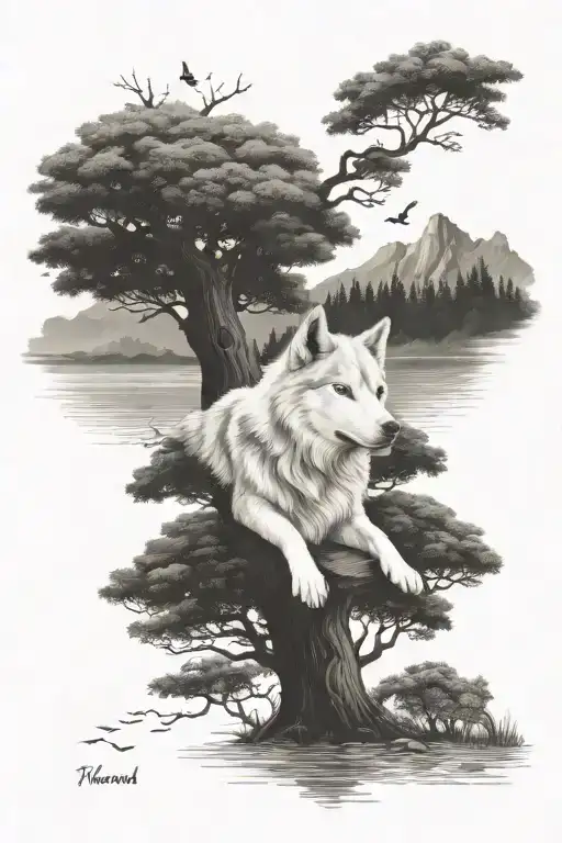 white long hair husky, grown oak trees and  baby girl swimming tattoo design idea