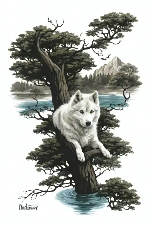 white long hair husky, grown oak trees, baby girl swimming  tattoo design idea