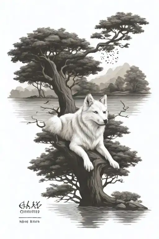 white long hair husky, grown oak trees and  baby girl swimming tattoo design idea