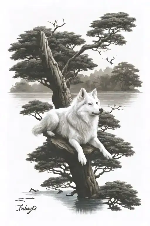white long hair husky, grown oak trees and  baby girl swimming tattoo design idea