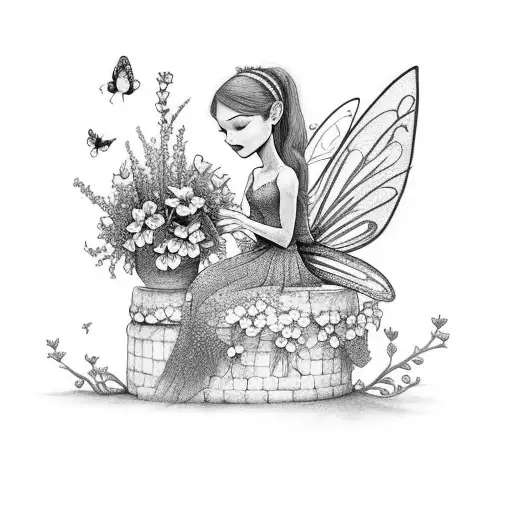 Fairy sitting in flowers with garden animal tattoo design idea