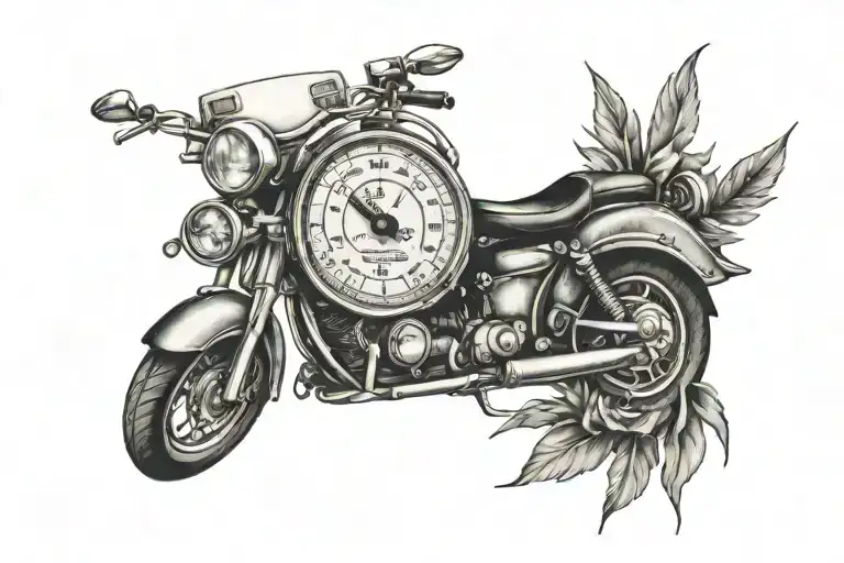 A piece of land on which are depicted, speed, freedom, speedometer, love, family, music, calendar tattoo design idea
