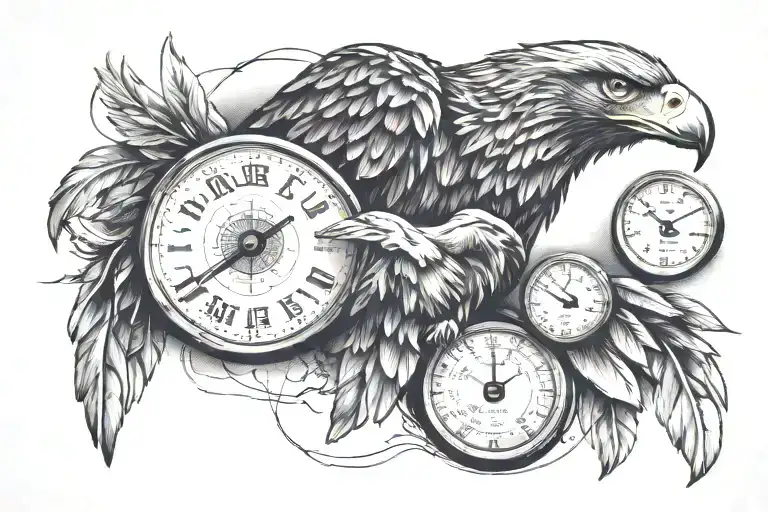 A piece of land on which are depicted speed, freedom, speedometer, love, family, music, golden eagle tattoo design idea