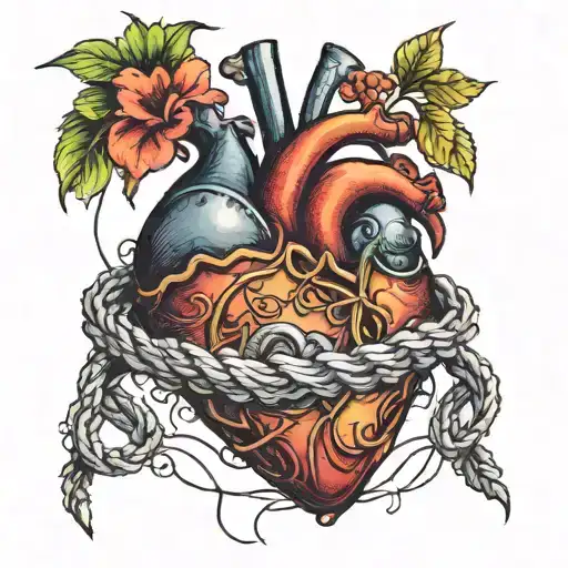Create a tattoo of a sensual scene with intricate rope patterns intertwining around a heart symbolizing passion and desire tattoo design idea