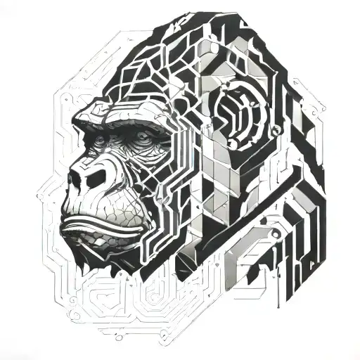 An abstract geometric tattoo of a gorilla's face morphing into a circuit board, representing the fusion of nature and technology tattoo design idea