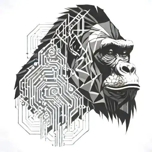 An abstract geometric tattoo of a gorilla's face morphing into a circuit board, representing the fusion of nature and technology tattoo design idea