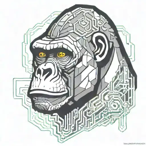 An abstract geometric tattoo of a gorilla's face morphing into a circuit board, representing the fusion of nature and technology tattoo design idea