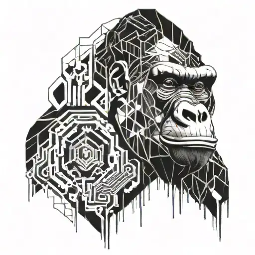An abstract geometric tattoo of a gorilla's face morphing into a circuit board, representing the fusion of nature and technology tattoo design idea