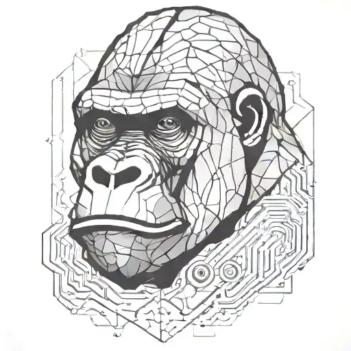 An abstract geometric tattoo of a gorilla's face morphing into a circuit board, representing the fusion of nature and technology tattoo design idea