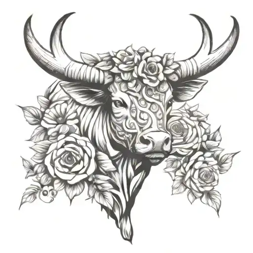pamplona horned bull with roses and wreaths around it. and the date july 8 2011 in roman numerals. tattoo design idea