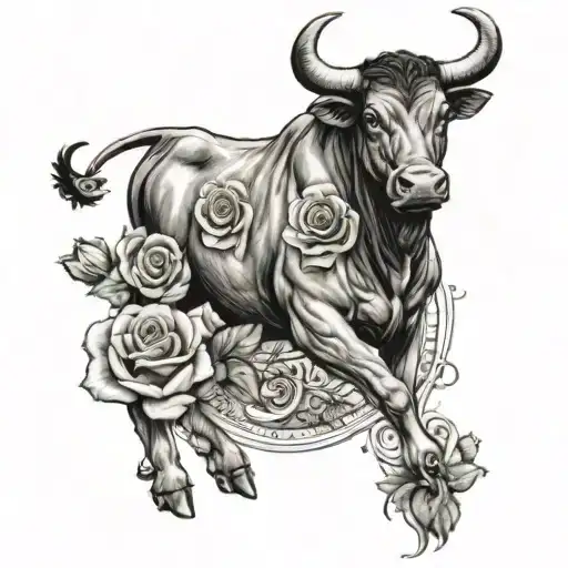 bull with roses around it and thr date july 8 2011 in roman numerals underneath it tattoo design idea