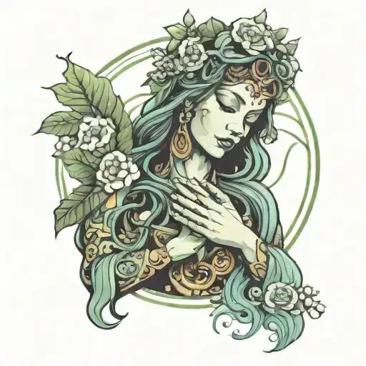 mother earth goddess praying hand tattoo design idea