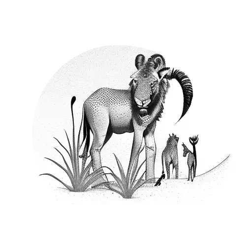 Illustrate a scene of your siblings exploring the African savannah, with philosophical symbols subtly integrated into the design tattoo design idea
