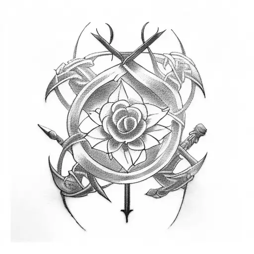 A tattoo design featuring three intertwined swords to represent the client's three siblings, with each sword adorned with a different type of flower to symbolize each sibling's unique personality. tattoo design idea
