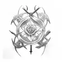 A tattoo design featuring three intertwined swords to represent the client's three siblings, with each sword adorned with a different type of flower to symbolize each sibling's unique personality. tattoo design idea