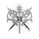 A tattoo design featuring three intertwined swords to represent the client's three siblings, with each sword adorned with a different type of flower to symbolize each sibling's unique personality. tattoo design idea