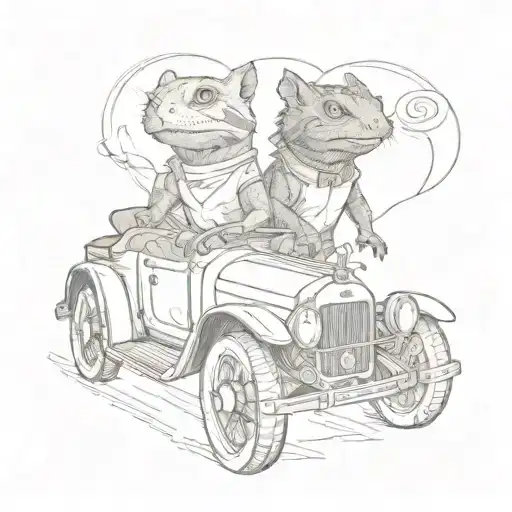 A bearded dragon and a cat riding in a vintage car together tattoo design idea