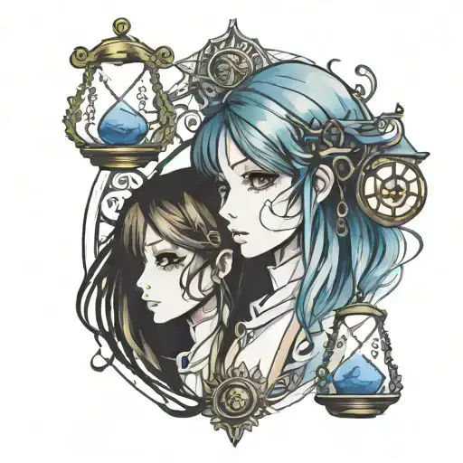 Half girl face half boy face holding libra scale balanced tattoo design idea