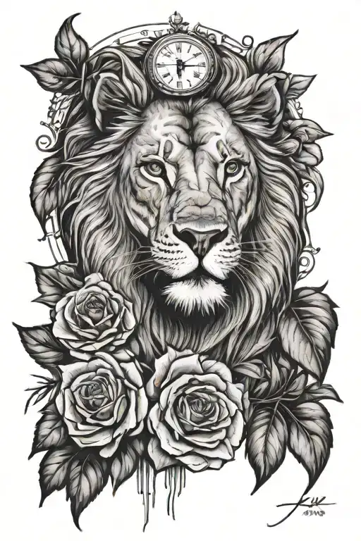 lion rose clock tattoo design idea