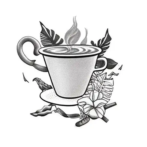 Coffee cup with tropical plants as steam tattoo design idea