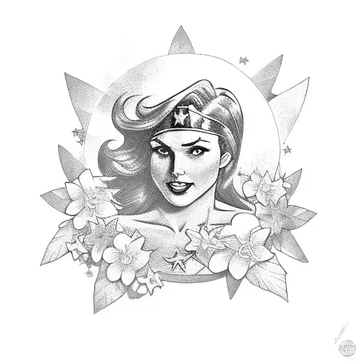 Pin up wonder woman surrounded by blue flowers tattoo design idea