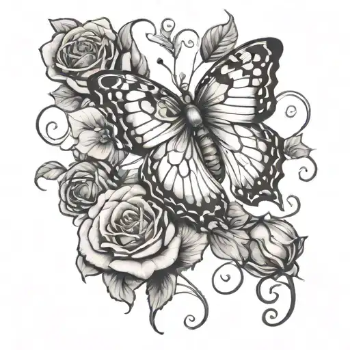 Design a tattoo of a butterfly emerging from a cocoon made of roses as a symbol of growth and healing in mental health journeys tattoo design idea