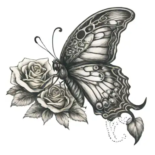 Create a tattoo of a butterfly resting on a bed of roses with a serene expression to represent finding peace and tranquility in mental health awareness tattoo design idea