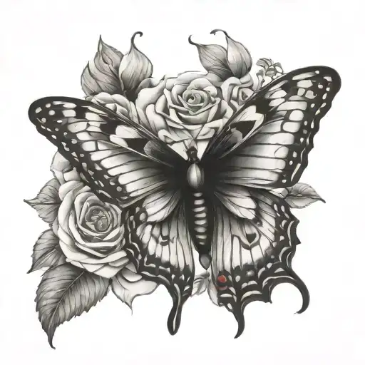 Design a tattoo of a butterfly emerging from a cocoon made of roses as a symbol of growth and healing in mental health journeys tattoo design idea