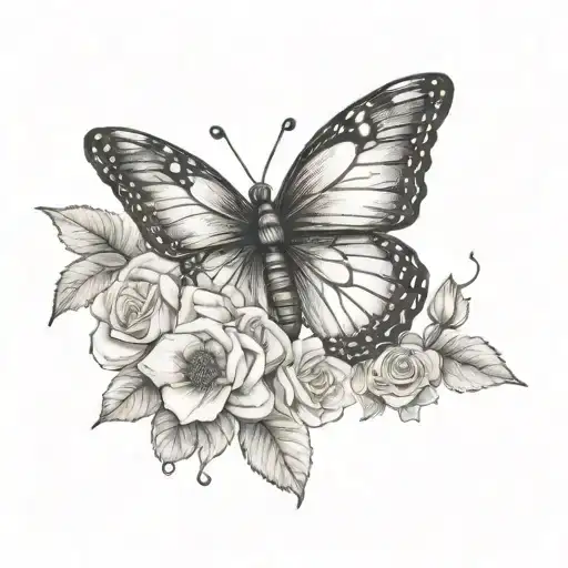 Create a tattoo of a butterfly resting on a bed of roses with a serene expression to represent finding peace and tranquility in mental health awareness tattoo design idea