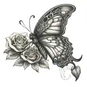 Create a tattoo of a butterfly resting on a bed of roses with a serene expression to represent finding peace and tranquility in mental health awareness tattoo design idea