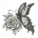 Create a tattoo of a butterfly resting on a bed of roses with a serene expression to represent finding peace and tranquility in mental health awareness tattoo design idea